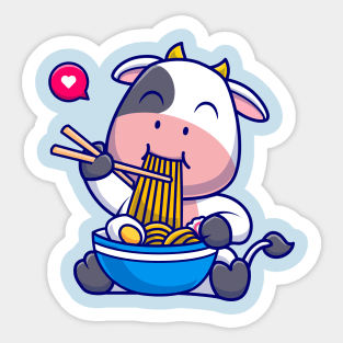 Cute Cow Eating Ramen Bowl With Chopstick Cartoon Sticker